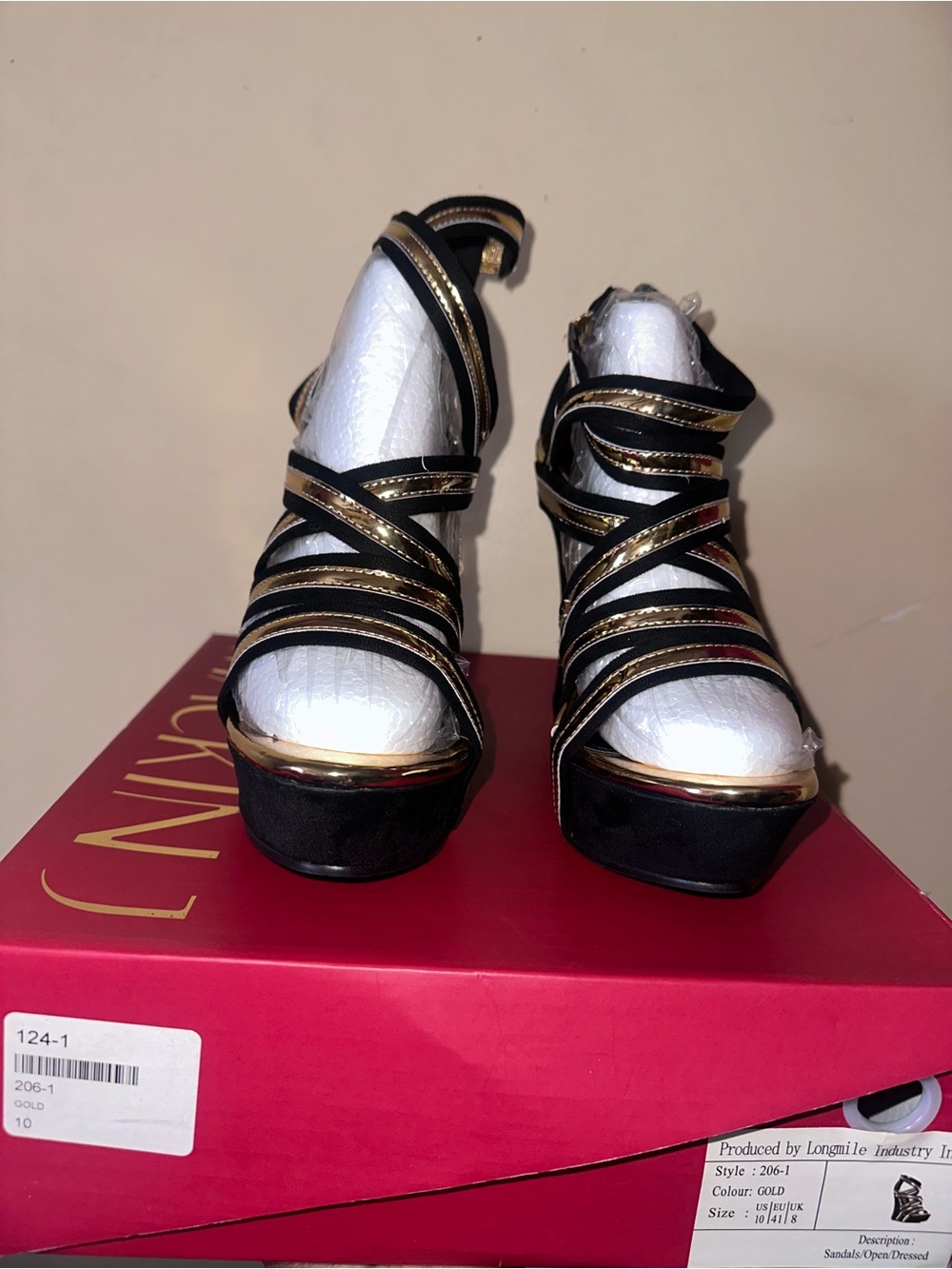 Women’s Black and Gold Strappy Platform Heels